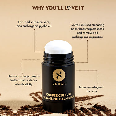 SUGAR Cosmetics Coffee Culture Cleansing Balm Stick - Face Cleanser & Makeup Remover | Vegan & Cruelty free | All Skin Type | 30 gms